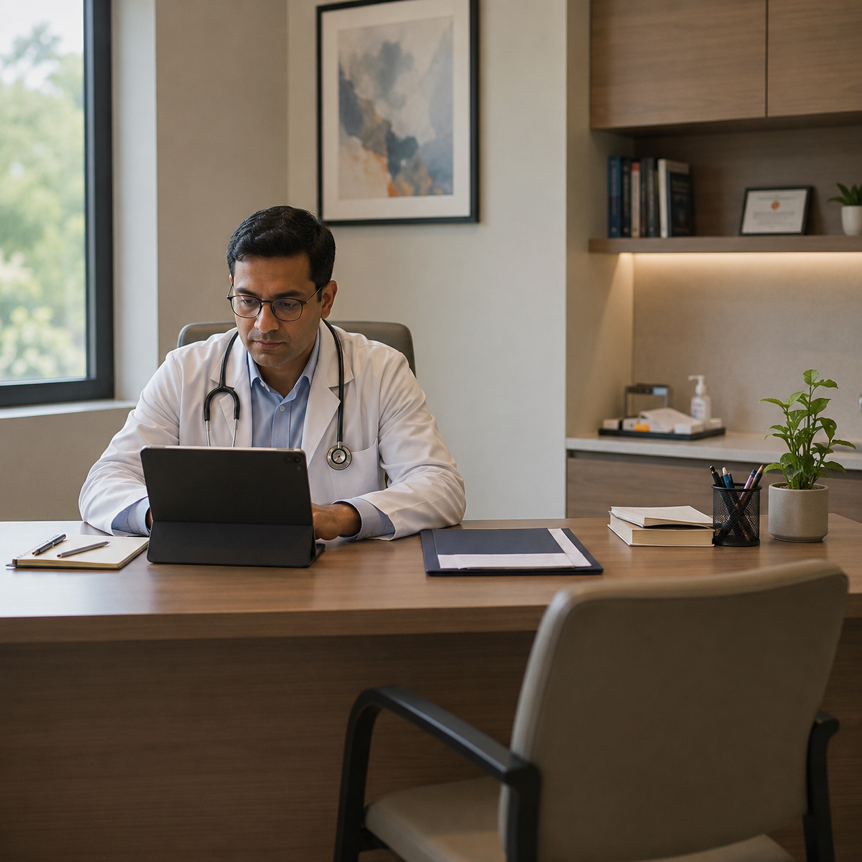 Doctor reviewing information before a consultation begins.